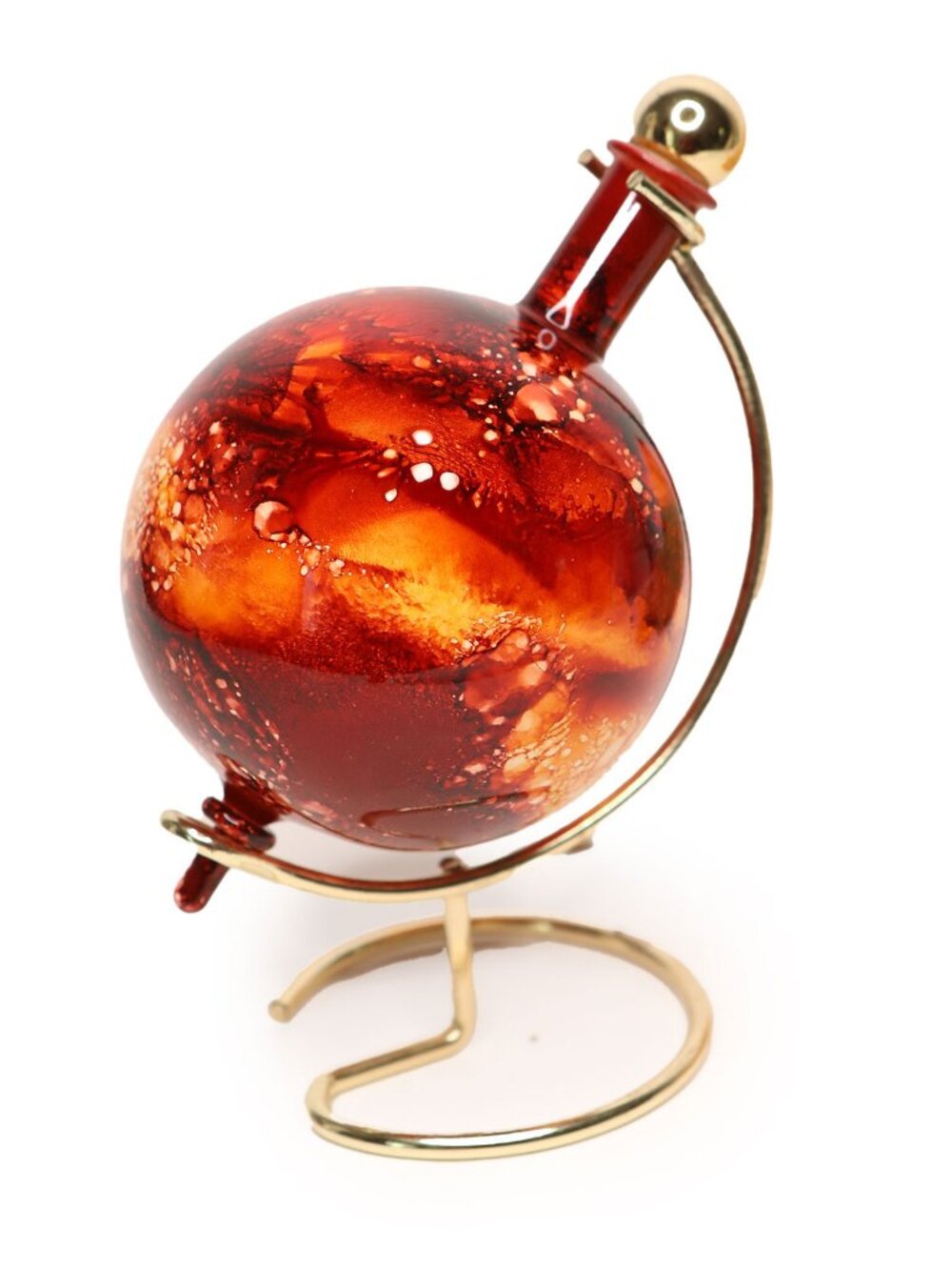 Marbled Art Glass Globe Red Gold Decanter Bottle with Metal Stand Barware